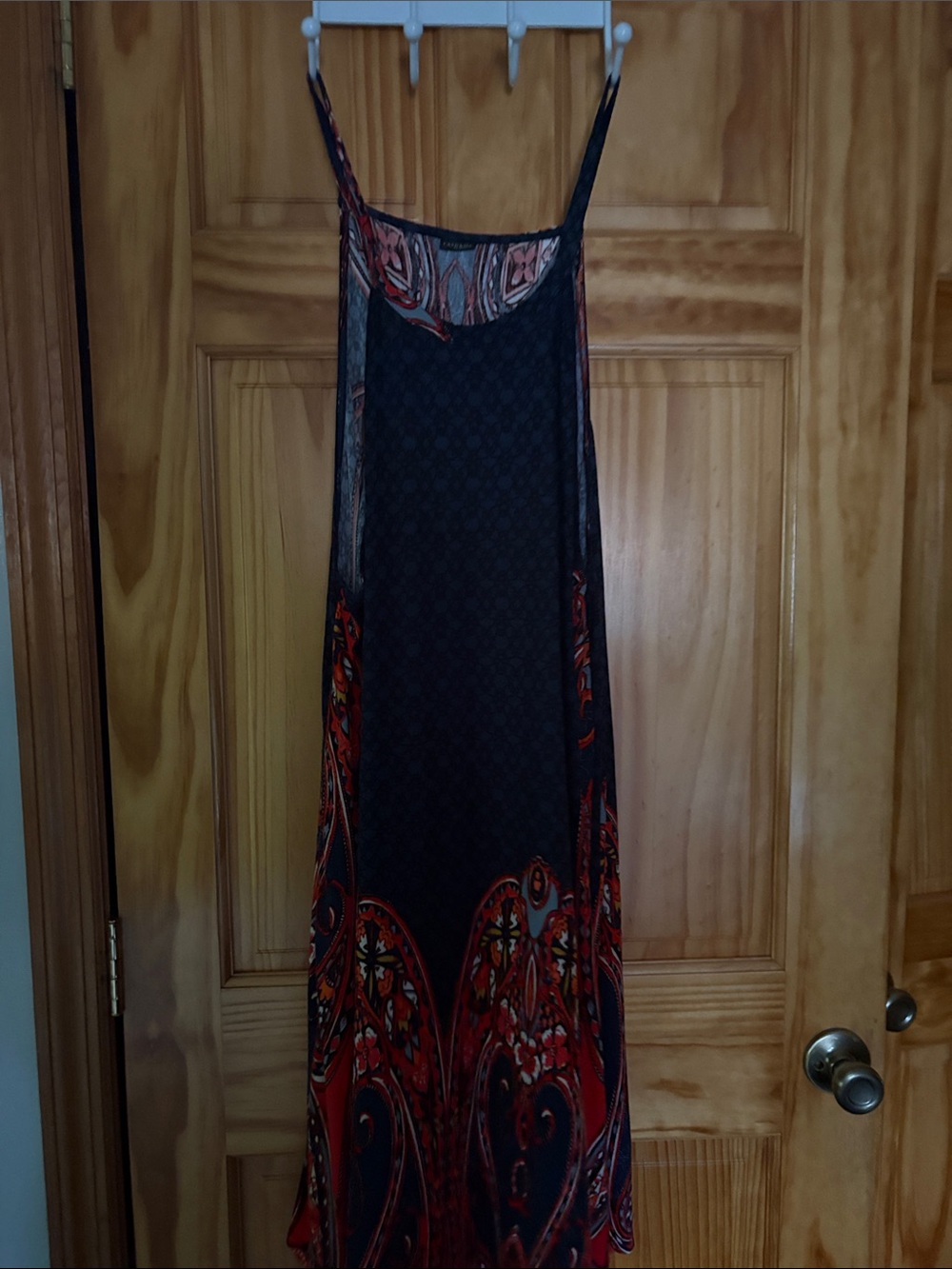 Women’s Black Slip Midi Dress with Red Paisley Accents